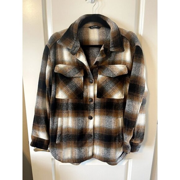 Members Mark Womens XS Relaxed Fit Button Brown Plaid Shacket NWOT Oversized - Picture 5 of 10